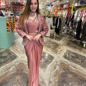 Ready to Wear Pre Draped Saree Silk Blend Saree (Pink)