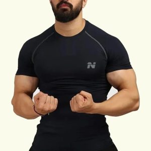 Men Solid Round Neck Nylon Black T-Shirt